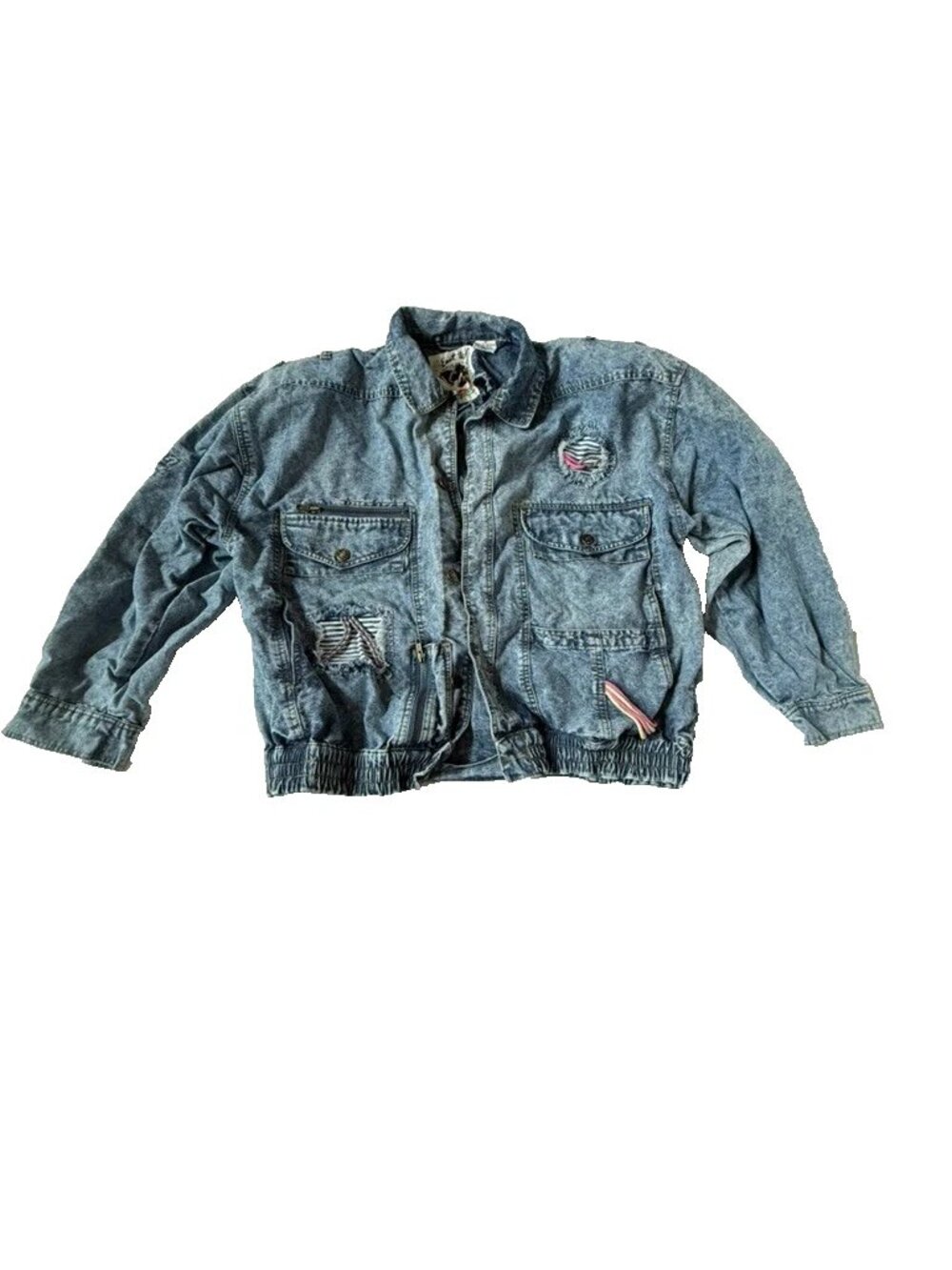 East West Womens M Acid Wash Denim Bomber Jacket Vintage Blue Distressed 80s 90s